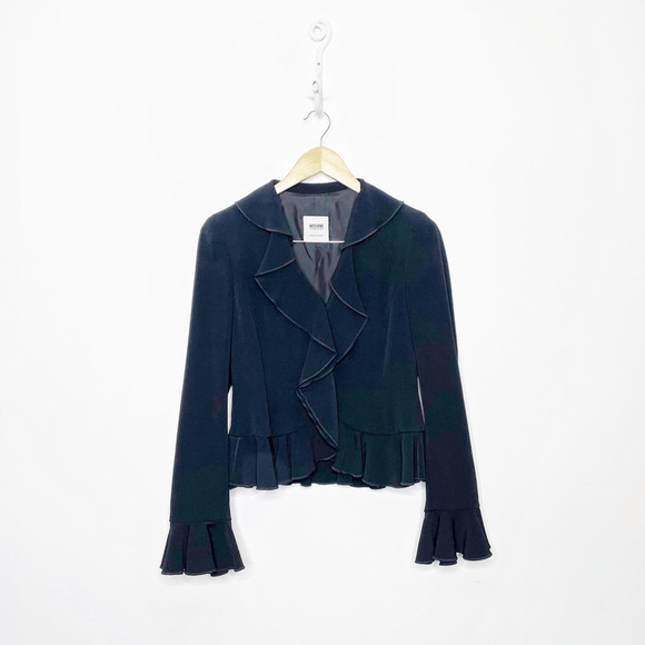 Vintage 00s Y2K MOSCHINO CHEAP AND CHIC Ruffle Blazer Black Italy WOMENS S M - Picture 3 of 10